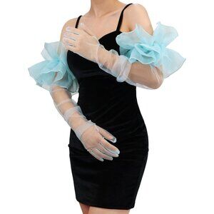 Women's Light Blue Ruffle Puff Tulle Fabric Mesh Long Sleeve Glove Cocktail Prom